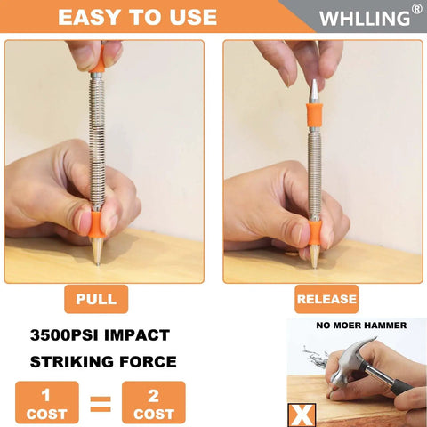 Demonstration of Professional Grade Spring Loaded Dual Head Nail Setter And Center Punch Workhorse Built From Heat Treated Steel for impact striking.
