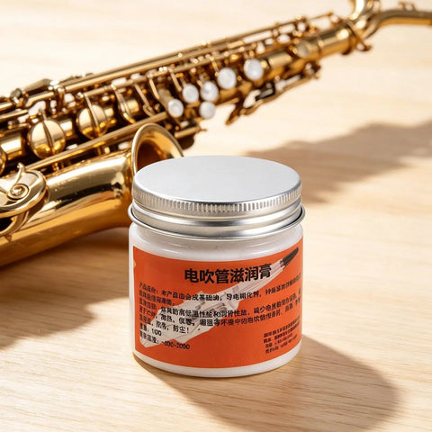 All In One Conductive Grease for Electronics and Woodwinds, 3.53oz White Paste Delivers Stable Conductivity, Safe on Nickel, Brass, and Gold Connectors, Keeps Wind Instrument Switches Smooth and Refurbishes Worn Parts. White paste jar beside saxophone on wood surface.