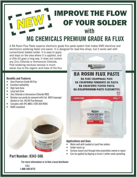 Rosin Flux Paste 8342 RA Amber For Electronics Repairs And Soldering DIY Ready Long Tack Time Excellent Wetting Lead Free Or Conventional Solder RoHS Compliant 50 G Jar displayed with open jar and packaging.