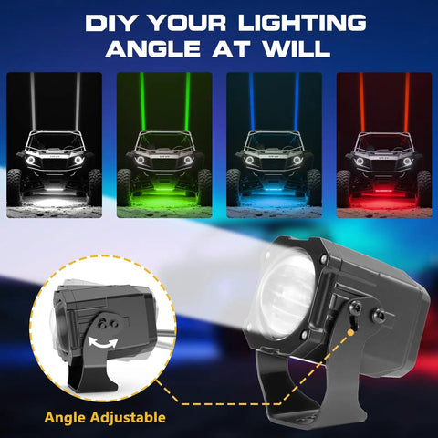 Whipless Led Whip Lights Kit With Rocker Switch Dual Control And Adjustable Mounts showing angle adjustability and color modes