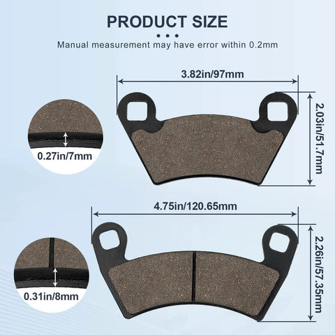 Product diagram of front and rear brake pads for Ranger 500 570 700 800 900 XP and RZR 800 900 XP Crew Diesel EFI Sportsman ACE 2008 2020.