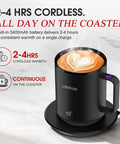 Smart AI Temp Control Heated Coffee Mug With Auto Beverage Detection Keeps Your Espresso Straight Up Smooth And Hella Toasty Through Lazy Weekend Vibes And Daily Grinds in sleek black design with latte art.