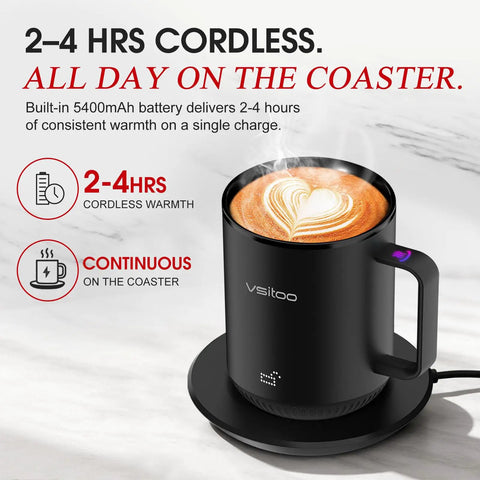 Smart AI Temp Control Heated Coffee Mug With Auto Beverage Detection Keeps Your Espresso Straight Up Smooth And Hella Toasty Through Lazy Weekend Vibes And Daily Grinds in sleek black design with latte art.
