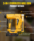 Heavy Duty 3 In 1 Cordless Staple Gun Runs On 21V Power And Shoots T50 Staples Plus 18 Gauge Brad Nails up close showing features and controls.