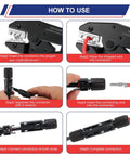 Solar Crimping Tool Kit 16 Piece Set For Panel Installations guide showing crimping steps with heavy duty crimper and connectors.