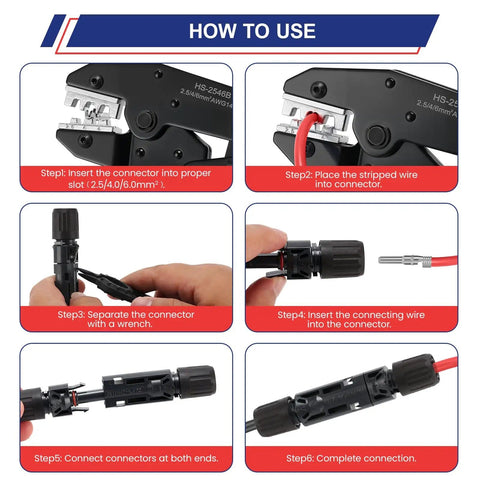 Solar Crimping Tool Kit 16 Piece Set For Panel Installations guide showing crimping steps with heavy duty crimper and connectors.