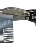 Close-up of Five Blade Metal Sheet Crimping Tool in Steel with Ergonomic Nonslip Handle in use on metal pipe for gutter systems.