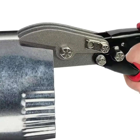 Close-up of Five Blade Metal Sheet Crimping Tool in Steel with Ergonomic Nonslip Handle in use on metal pipe for gutter systems.