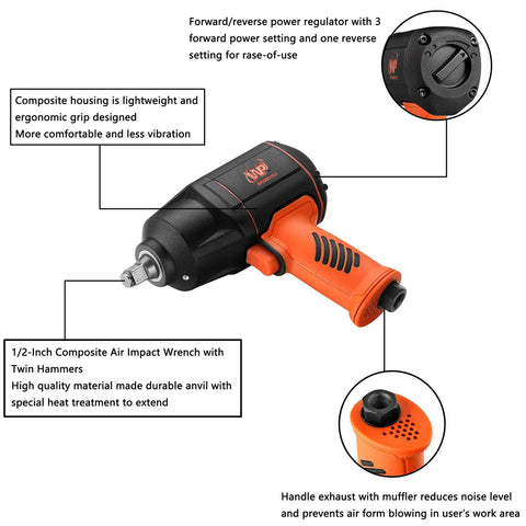 Professional Pro Grade Half Inch Composite Air Impact Wrench With Twin Hammers Quiet Pneumatic Tool with ergonomic grip