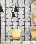 Mid Century Beads Peel And Stick Wallpaper In Black And White, Self-Adhesive Removable Paper on wall with chairs and lamp