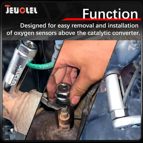 Close-up of Oxygen Sensor Socket 22mm 7/8 Inch 3/8 Drive Offset O2 Sensor Removal Tool installed on vehicle.