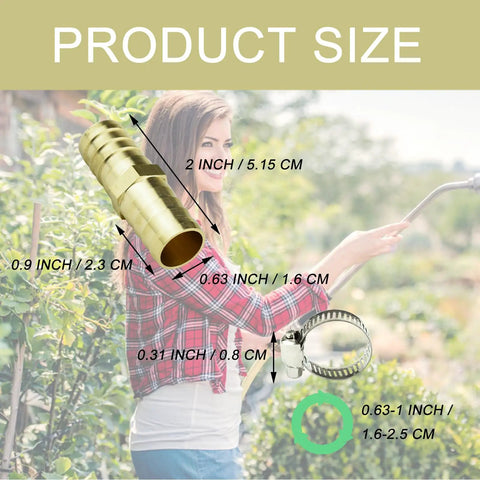 Brass Garden Hose Connector Repair Kit With Stainless Clamp, Two Pack, showing connector and clamp size measurements.