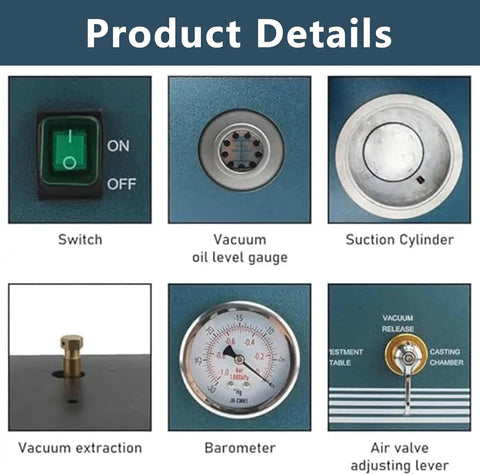 Details of the 375W Vacuum Casting System with 2L Pump, Precision Gauge, Oil Port, including switch and vacuum oil level gauge.