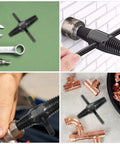 Super Tough Dual-Head Screw Extractor Kit For Stripped Bolts And Water Pipe Fixes. Easy-To-Use Bolt Remover Tool That Slams In Fast To Save Your Back And Time On Any Heavy Industry Or Home DIY Job Without Needing A Pro Plumber. black metal extractor on rusted pipe