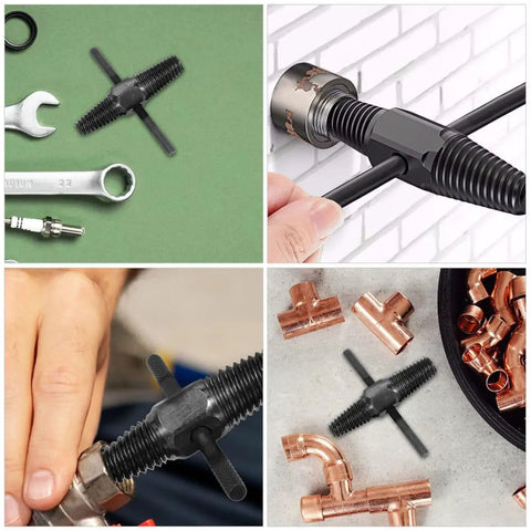 Super Tough Dual-Head Screw Extractor Kit For Stripped Bolts And Water Pipe Fixes. Easy-To-Use Bolt Remover Tool That Slams In Fast To Save Your Back And Time On Any Heavy Industry Or Home DIY Job Without Needing A Pro Plumber. black metal extractor on rusted pipe
