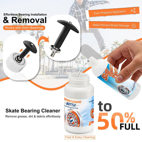 All In One Skate Bearing Cleaning Kit Portable Maintenance System With Cleaning Bottle 200ml Cleaner 100ml Lubricant Oil Bearing Press Puller And T Tool For Skateboard And Roller Skates, focus on bearing tool and cleaning bottle.