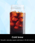 Glass of smooth cold brew coffee with ice, highlighting the rapid cold brew capability of the Hot And Iced XL Coffee Maker.