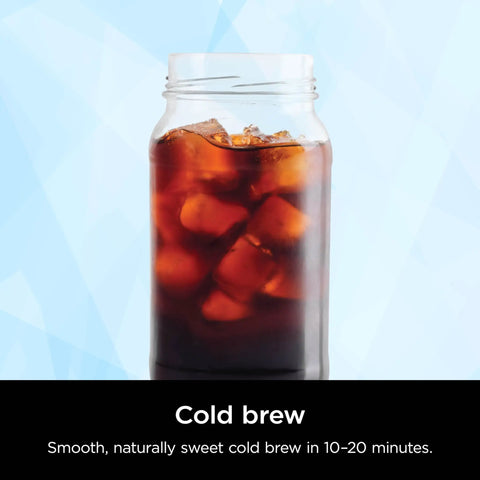 Glass of smooth cold brew coffee with ice, highlighting the rapid cold brew capability of the Hot And Iced XL Coffee Maker.