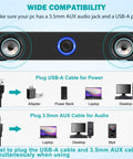 Diagram highlighting USB A Powered Computer Speakers For Desktop And Laptop connections via USB-A and 3.5mm AUX jack, 2026 version.