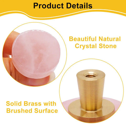Rose Quartz Cabinet Knobs Set Pink Crystal Drawer Pulls With Brushed Brass Base detail view of quartz and brass components
