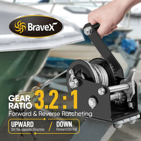 800lbs Capacity Beefy Built Heavy Duty Hand Winch With 26 Foot Steel Cable Two Way Ratchet Crank Winch on boat trailer