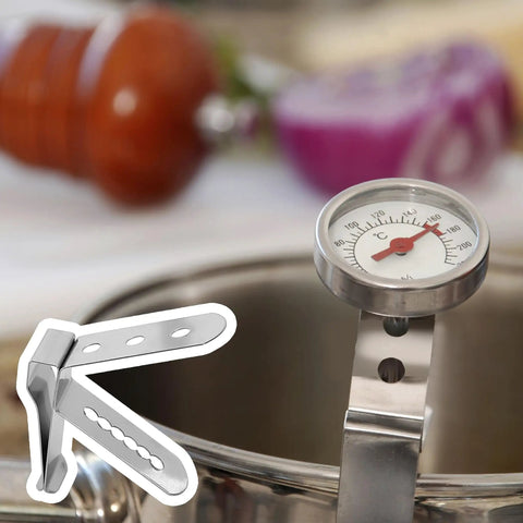 Stainless Steel Thermometer Probe Clip Holder For BBQ And Grill Three Hole Ambient Temperature Clamp in use over a pot.