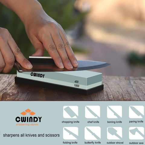 Dual Sided Whetstone Sharpening Kit 400 1000 Grit in use with kitchen knife on nonslip rubber base, white corundum quality