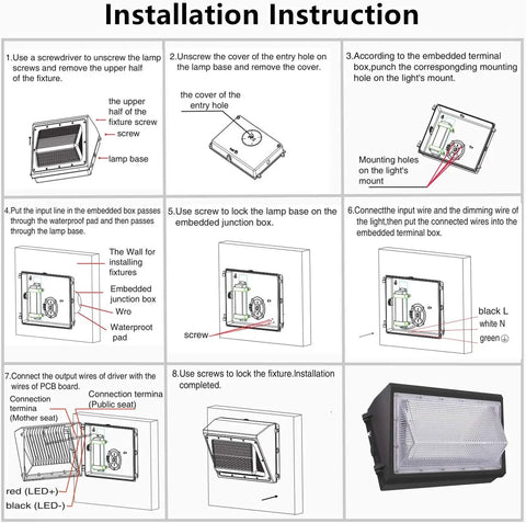 Installation instructions for Super Bright 120W LED Wall Pack Light With Dusk To Dawn Photocell, 13000 Lumens, IP65 Outdoor Fixture.