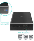 Slick Plug And Play Dual Bay 2.5 Inch SATA SSD HDD RAID Enclosure With Rock Solid USB 3.0 showing activity LED and ports.