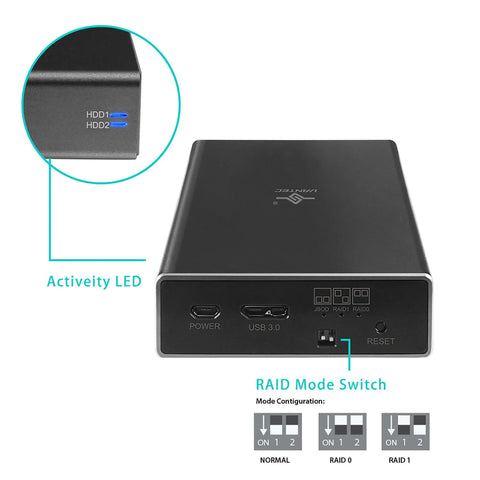 Slick Plug And Play Dual Bay 2.5 Inch SATA SSD HDD RAID Enclosure With Rock Solid USB 3.0 showing activity LED and ports.