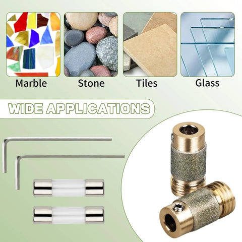 Two Pack Stained Glass Grinder Bits Three Quarter Inch Brass Core Diamond Head Tools for glass art with accessories and materials