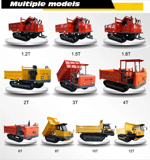 Heavy Duty Mini Crawler Dumper With Responsive Hydraulic Lift System in various sizes displayed on podiums for job site applications.