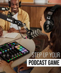 Woman on microphone with headphones using PodMic Cardioid Dynamic Broadcast Microphone With XLR Output Requires An Audio Interface For Studio Podcasts And Live Streaming Not USB Plug In Ideal For Rich Warm Voice And Reliable Crisp Dialogue On Air in recording studio