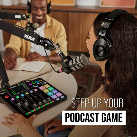 Woman on microphone with headphones using PodMic Cardioid Dynamic Broadcast Microphone With XLR Output Requires An Audio Interface For Studio Podcasts And Live Streaming Not USB Plug In Ideal For Rich Warm Voice And Reliable Crisp Dialogue On Air in recording studio