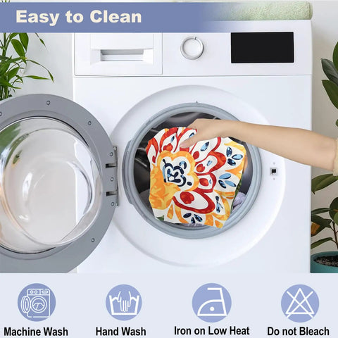 8 Pcs Paisley Patio Sofa Cushion Covers Set stretchy replacement slipcovers being inserted into washing machine