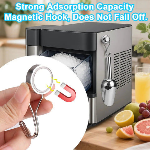 Heavy Duty Stainless Steel Ice Scoop with Magnetic Hook attached to a metal surface in a kitchen setting
