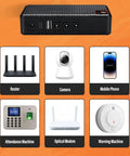 Compact Mini Ups Router Modem Backup Power With 15600 Mah Battery panel showing multiple electronic devices and connections.