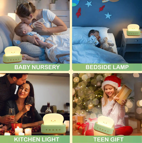Cute Toast Lamp With Smile Face Night Light LED Dimmable Bread Light Rechargeable Desk Decor Lamp in various settings