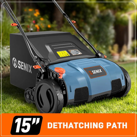 2 In 1 Electric Dethatcher And Scarifier For Lawn Care With A Handy Walk Behind Design, 15 Inch Width, 13 Amp Power, visible on grass
