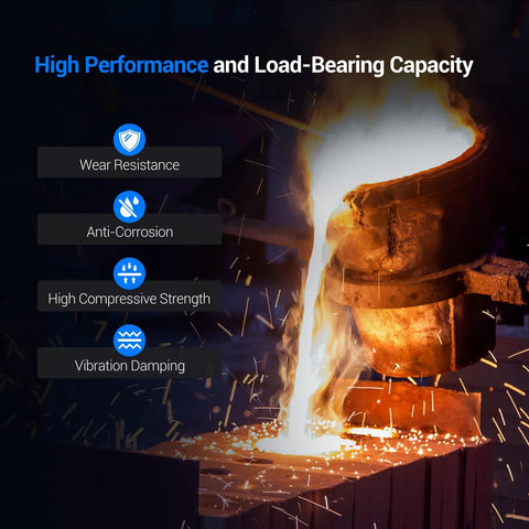 Molten metal pouring with benefits list: wear resistance, anti-corrosion, high compressive strength, vibration damping.