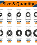 660 Piece Internal Tooth Star Lock Washer Set Nine Metric Sizes M2 Through M12 In 65Mn Steel Black Oxide For Unthreaded Shafts Perfect For DIYers Home Repairs And Pro Projects Like Lawn Mowers And Strollers. size chart with M2-M12 washer dimensions and piece counts