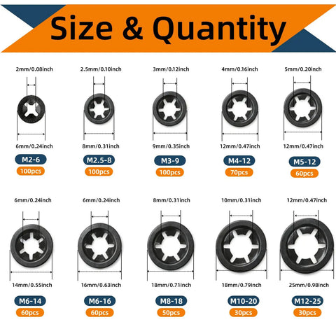 660 Piece Internal Tooth Star Lock Washer Set Nine Metric Sizes M2 Through M12 In 65Mn Steel Black Oxide For Unthreaded Shafts Perfect For DIYers Home Repairs And Pro Projects Like Lawn Mowers And Strollers. size chart with M2-M12 washer dimensions and piece counts