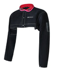 Kick Butt Split Cowhide Leather Welding Cape Sleeve Short Jacket with a black exterior and red collar for tough welders.