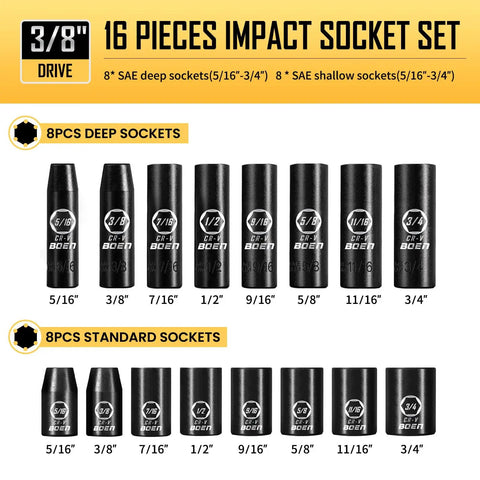 Three Eighth Inch Drive Impact Socket Set With Ratchet Handle Extension Bar Universal Joint And Adapter Includes 57 Piece SAE