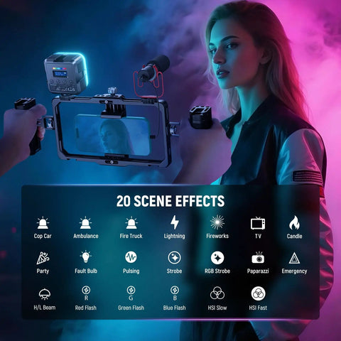 Demonstrating Magnetic RGB Camera Light For Video And Photography, 61 LED Full Color, with multiple scene effects on screen