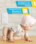 Baby near wall with Outlet Covers 38 Pack White Kid Proof Electrical Plug Covers For Baby Safety, durable plastic protectors in socket.