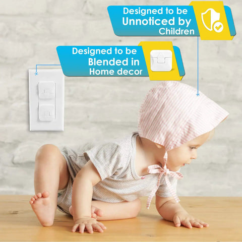 Baby near wall with Outlet Covers 38 Pack White Kid Proof Electrical Plug Covers For Baby Safety, durable plastic protectors in socket.