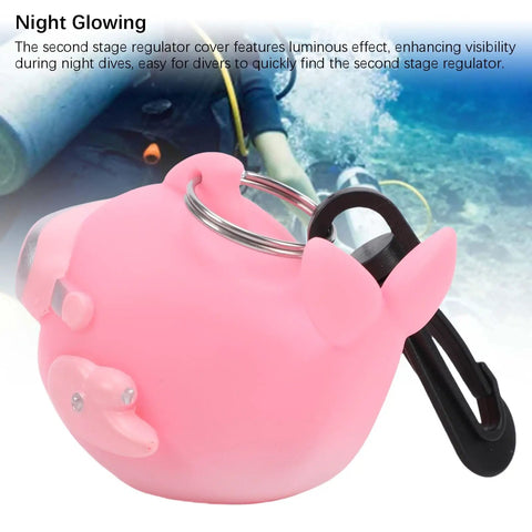 Glow In The Dark Diving Mouthpiece Cover For Night Dives Dust Proof Second Stage Regulator Holder Pink Durable Plastic Build That Resists Corrosion And Extreme Pressure For Extended Underwater Adventures; pink mouthpiece cover on rocky underwater background with diver