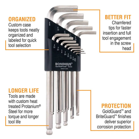 Ball End L Wrench Set With Ball Driver Tips Protanium Steel For Heavy Duty Torque BriteGuard And GoldGuard Finishes in case