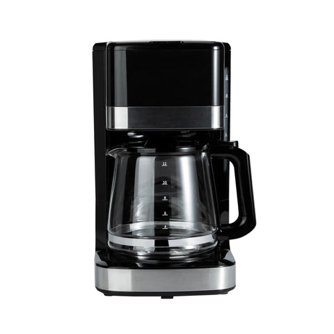 Front view of 12 Cup Drip Coffee Maker With Glass Carafe 1.9 Qt Auto Shutoff Auto Pause Removable Filter Basket Black And Silver Finish